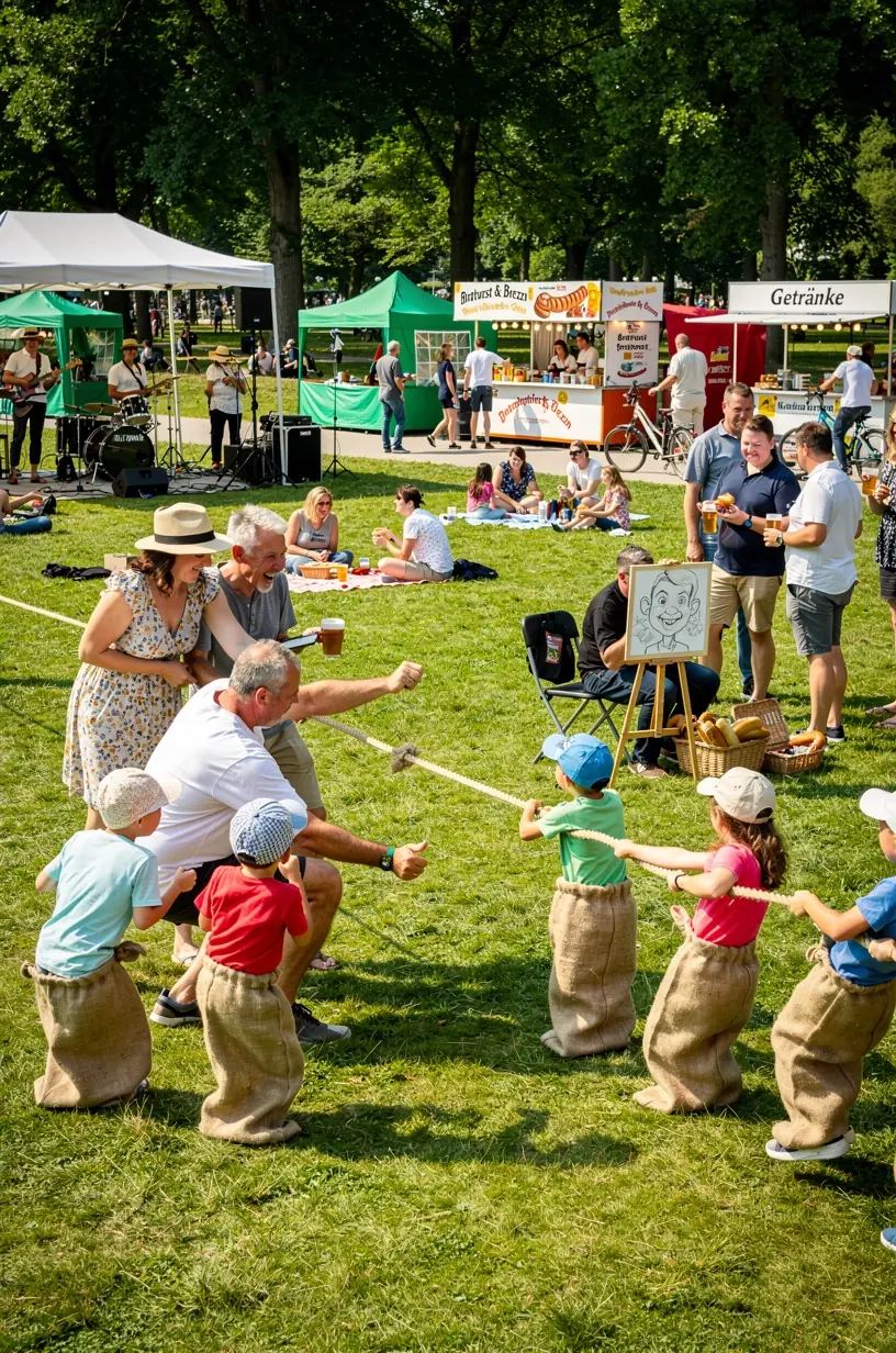 Kindfreundliche Picknickstelle mit bunten Decken und gesundem Essen in einer grünen Parklandschaft.